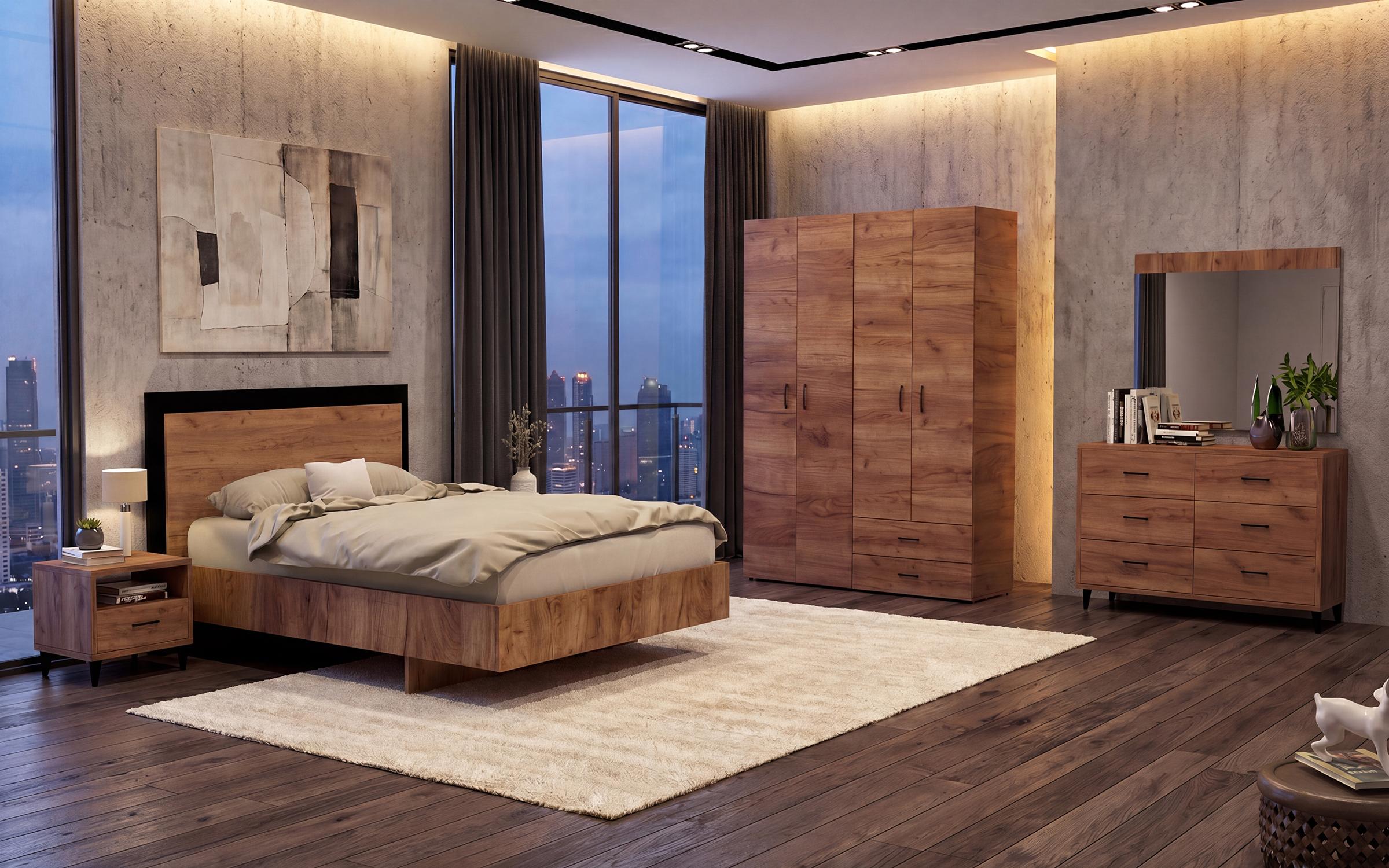 Bedroom furniture set for mattress 160/200 Salento, Tobacco Craft oak + black matt  1